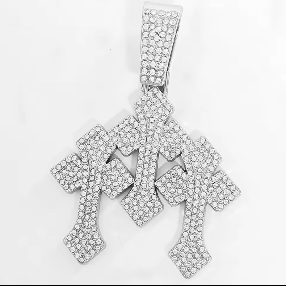 Silver tone big hip hop iced out triple cross 3A CZ religious rapper jewelry